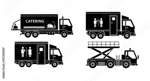 Black Silhouette of Catering Truck with Food Icons.