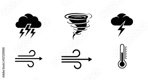 Weather Icons: Storm Cloud Tornado Wind and Thermometer in Black Silhouette.