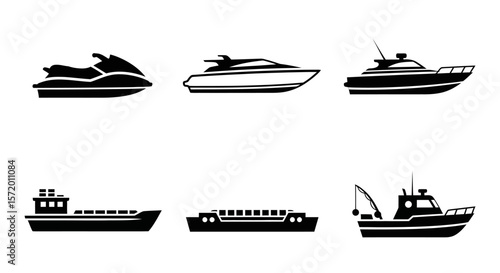 Black and White Vector Set of Different Types of Boats.