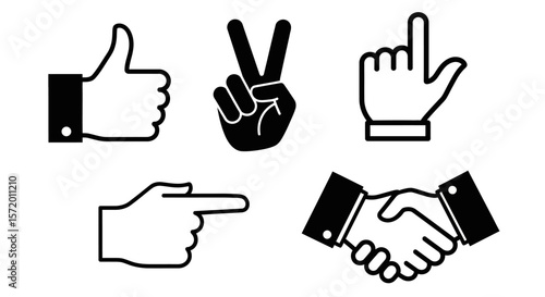 Black and White Hand Gestures: Thumbs Up Peace Pointing Handshake Index Finger.