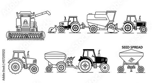 Line Art Illustration of a Modern Combine Harvester.