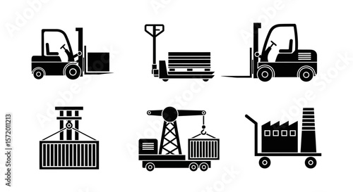 Black and White Vector Icons of Industrial Equipment and Vehicles.