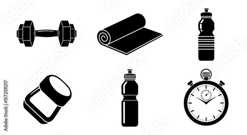Fitness Equipment Icons Set: Dumbbells Yoga Mat Water Bottle Stopwatch.