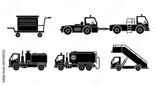 Collection of Six Black Silhouettes of Airport Ground Support Equipment.