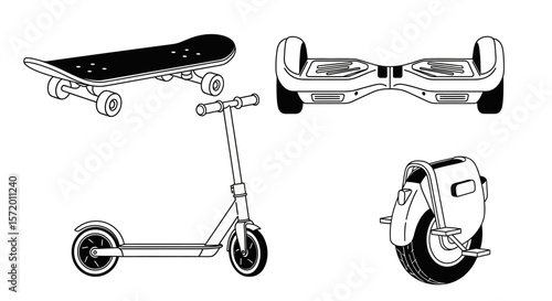Black and White Skateboard with Four Wheels Isolated Illustration.