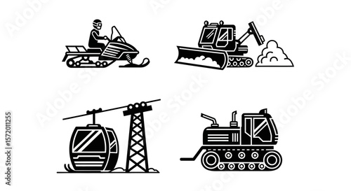 Winter Sports Vehicles and Equipment Icons.