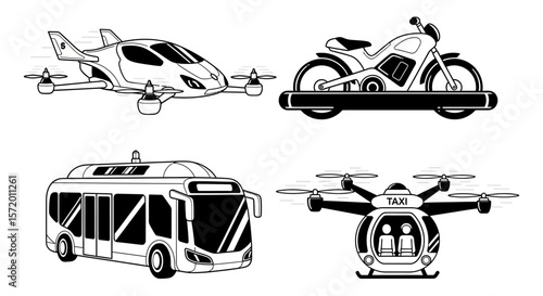 Futuristic Transportation: Drone Taxi Flying Car and Bus.