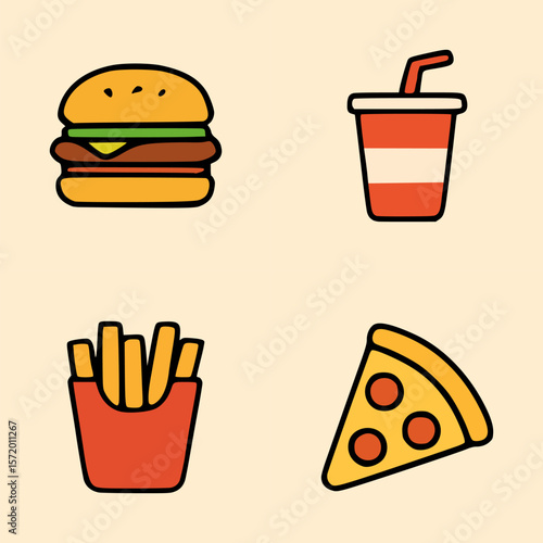 Vector collection of classic junk food symbols with thick outlines on beige background for menu or poster