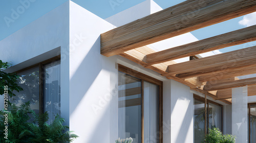 Modern architectural design with wooden pergola and white facade