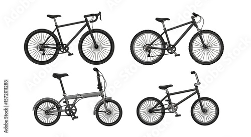 Four Different Bicycle Types: Road Mountain Folding and BMX Style.