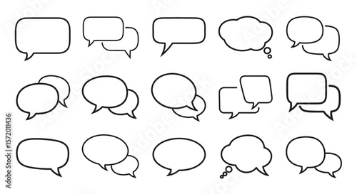 Collection of Various Black and White Speech Bubbles for Communication and Messaging.
