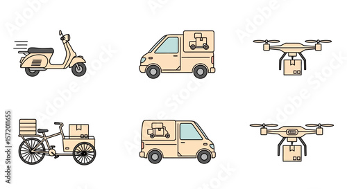 Beige Delivery Vehicles and Drone Flat Design Icons.