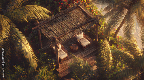 Cozy Beach Cabana Surrounded by Lush Tropical Foliage and Palms