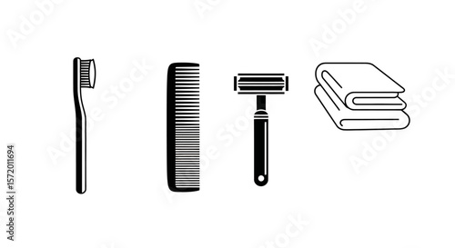 Minimalist Black and White Bathroom Set with Toothbrush Comb Razor and Towels.