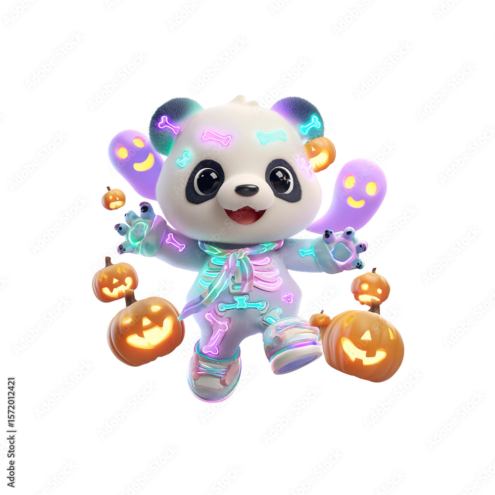 Naklejka premium Adorable 3D Panda in Skeleton Costume with Halloween Pumpkins