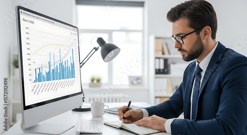 A focused individual analyzing graphs and data at his desk.