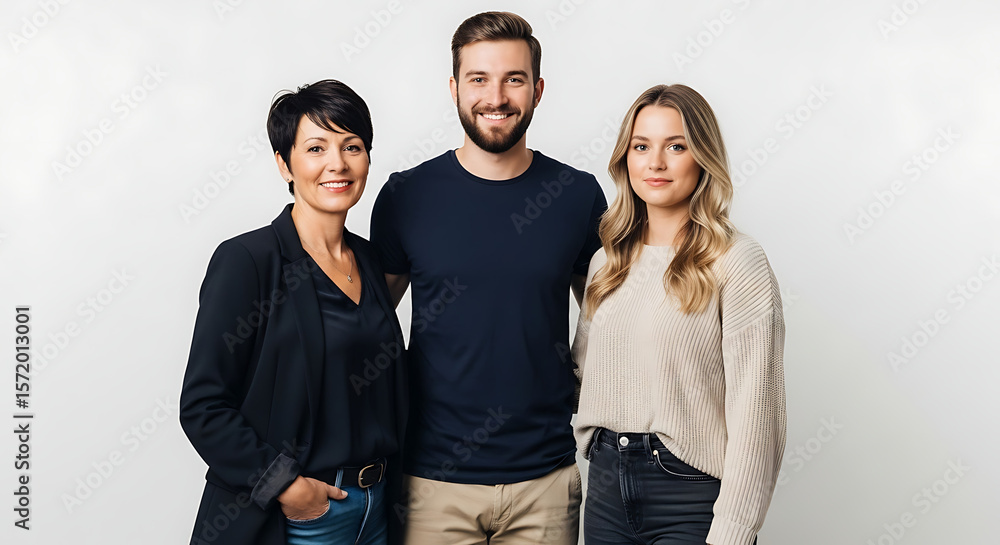 Fototapeta premium A diverse group of three individuals, smiling harmoniously, embodies unity. 