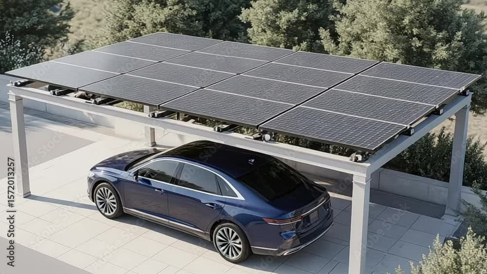 Electric car parked under a solar panel carport on a paved surface ...
