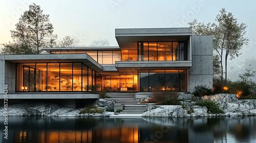 Modern waterfront villa reflecting in calm lake at dusk, serene lakeside retreat