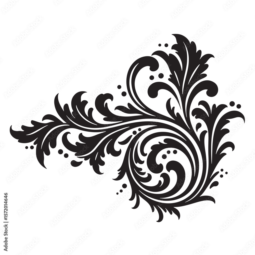 Elegant black and white decorative flourish with leaves and swirls for design projects Elegant black and white decorative flourish with leaves and swirls for design projects