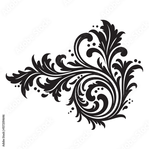 Elegant black and white decorative flourish with leaves and swirls for design projects