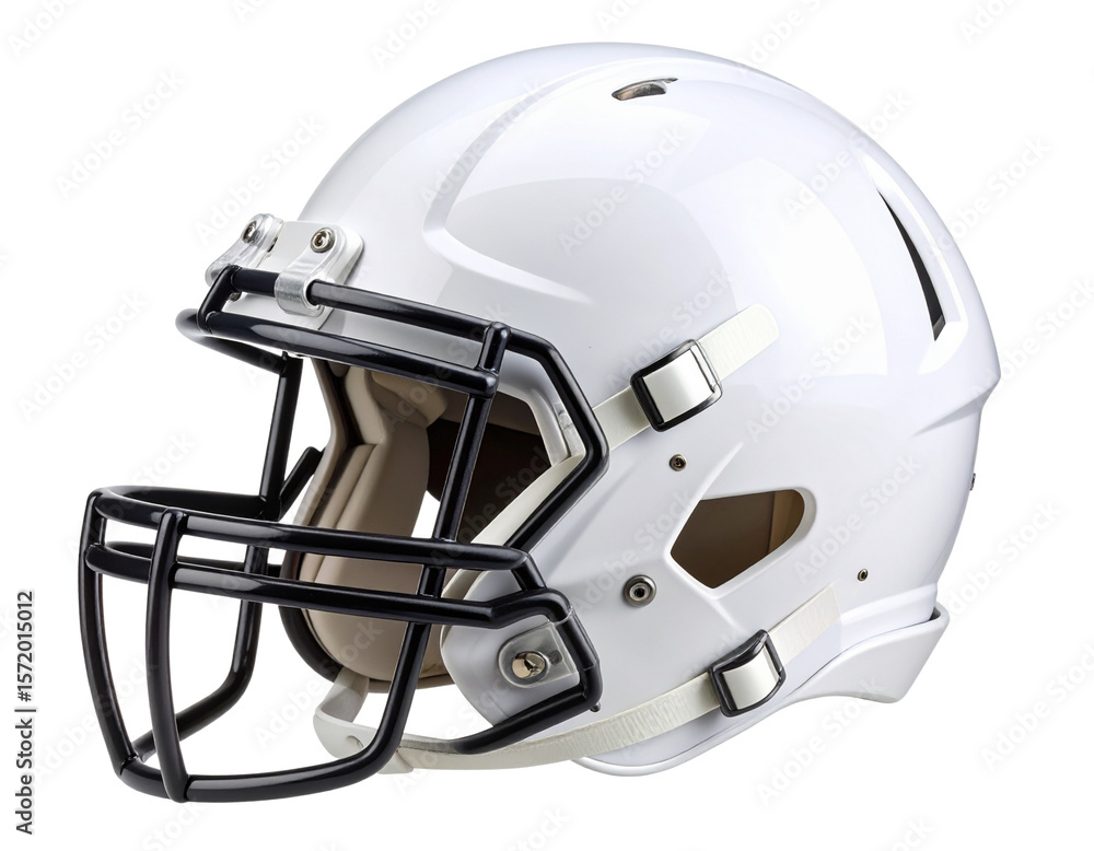 Fototapeta premium Side Profile of Modern White Football Helmet with Facemask, Isolated PNG