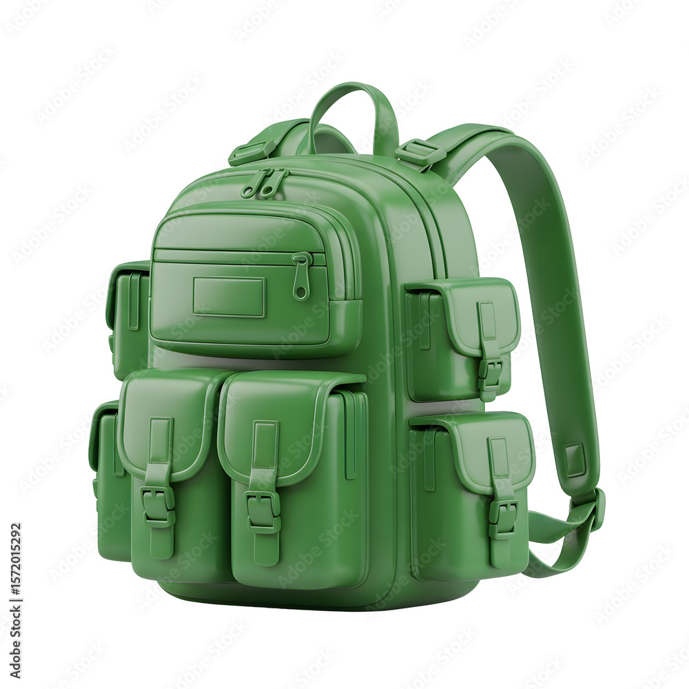 Fototapeta premium Green Backpack on Transparent Background Detailed 3D Render shows numerous compartments and straps for carrying belongings with a polished surface