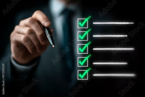 Business professional checking off a completed task list with vibrant green check marks.