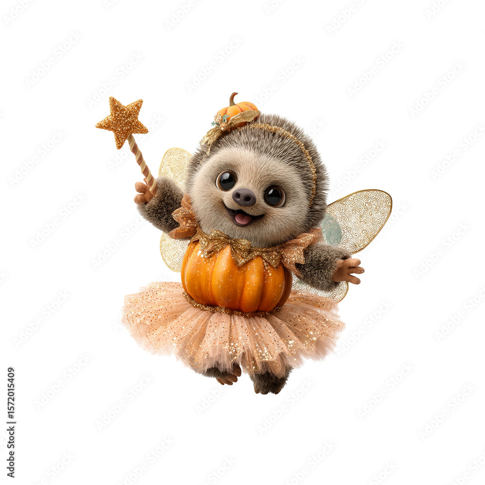 Obraz premium Adorable Hedgehog Fairy in Pumpkin Costume for Halloween
