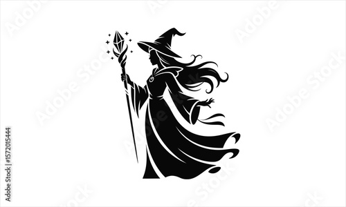 Mystical sorceress with flowing robes silhouette