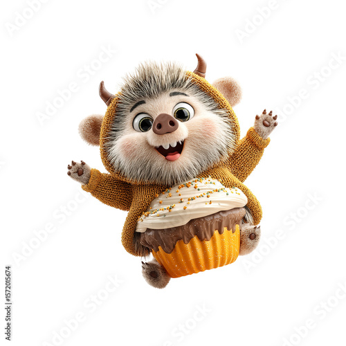 Adorable 3D Hedgehog in Sweater Holding a Cupcake
