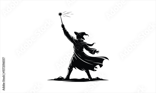 Mystical wizard casting spell silhouette