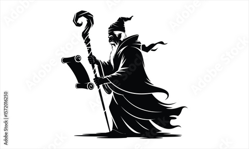 Mystical wizard casting spell silhouette