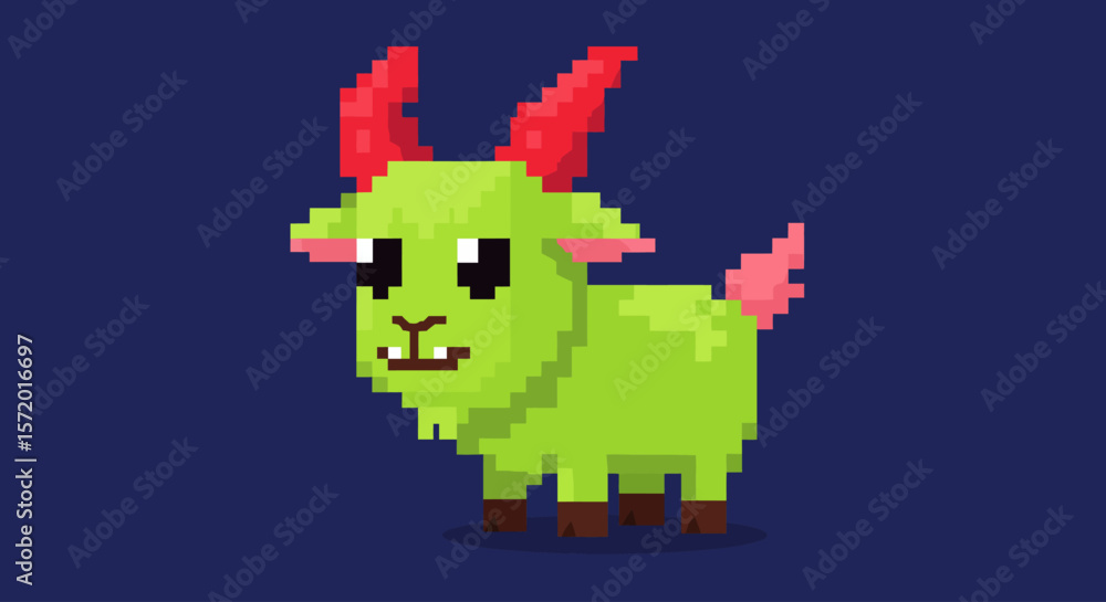 Fototapeta premium A cute pixel art green goat with vibrant red horns and a pink tail stands playfully against a dark blue background, perfect for game design.