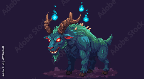 Pixel Art Monster Goat – Retro Vector Illustration of Horned Creature in 8-Bit Style