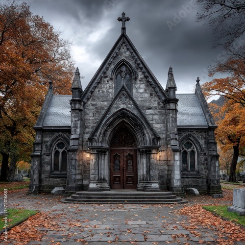 A Gothic stone mausoleum with a cross on top surrounded by autumn trees