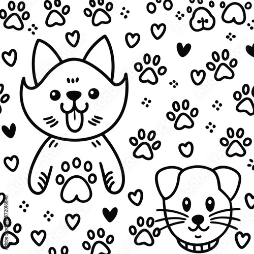 Cute cartoon animals pattern with paw prints and hearts