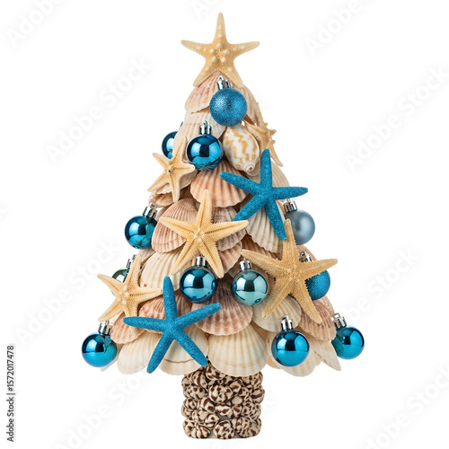 Festive christmas tree crafted from seashells and adorned with starfish and blue ornaments PNG file isolated on transparent background cut out, clipping path, social media, Advertisement, high quality