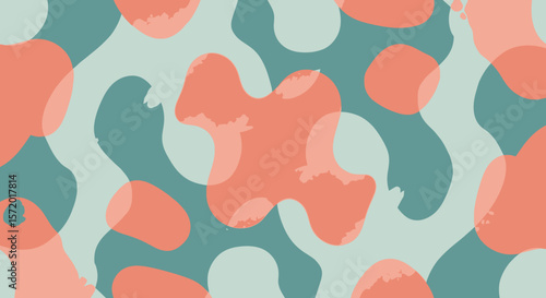 Abstract Camouflage Pattern with Organic Shapes in Teal and Coral Hues