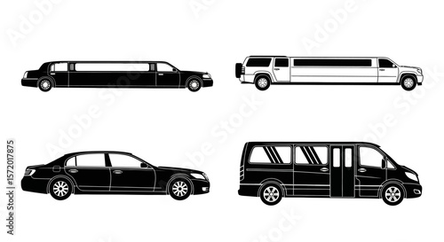 Collection of Black and White Limousine, Sedan, and Minivan Silhouettes