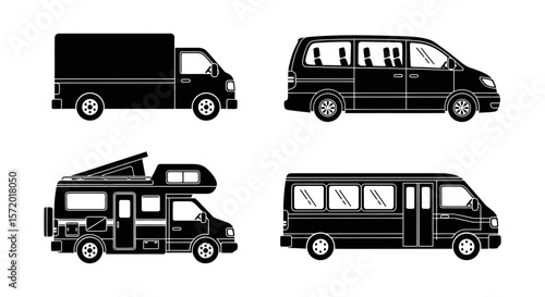 Black and White Vehicle Set: Box Truck, Van, RV, and Bus Silhouettes