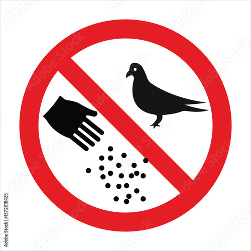 Red circular sign prohibiting feeding pigeons, promoting cleanliness and preventing overpopulation
