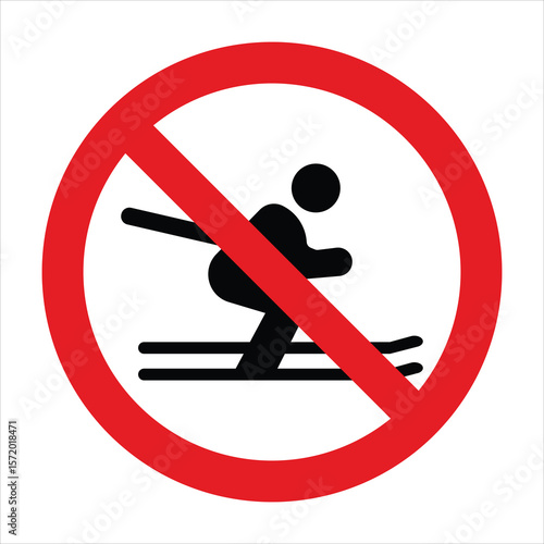 Red prohibition sign with skier icon, indicating no skiing allowed