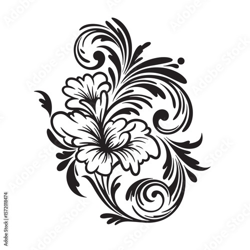 Elegant floral design in black and white decorative ornamental swirls and flourishes