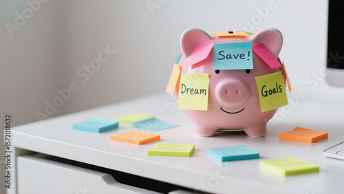 Piggy bank with goals on sticky notes, representing financial planning and saving