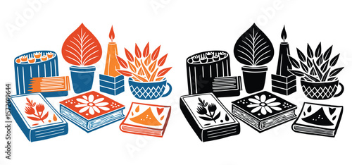 Decorative floral arrangements books and candles in a graphic bold artistic style