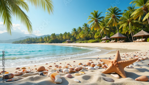 tropical beach with palm trees and blue sky