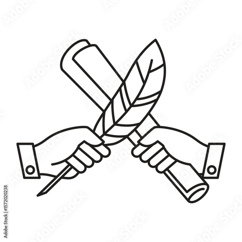 Two cross hand holding object, one holding scroll paper script papyrus page and one holding classic vintage feather quill ink pen logo icon illustration element