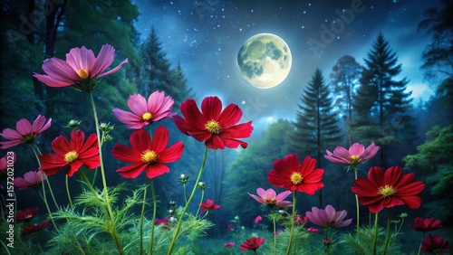 Fototapeta Naklejka Na Ścianę i Meble -  A cluster of lush red cosmos flowers sways gently in a midnight garden illuminated by the soft glow of full moonlight amidst towering trees and verdant foliage