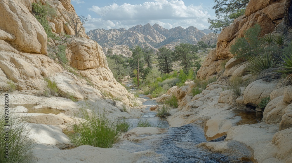 Obraz premium Canyon stream flowing through light beige rocks, lush vegetation, distant mountains